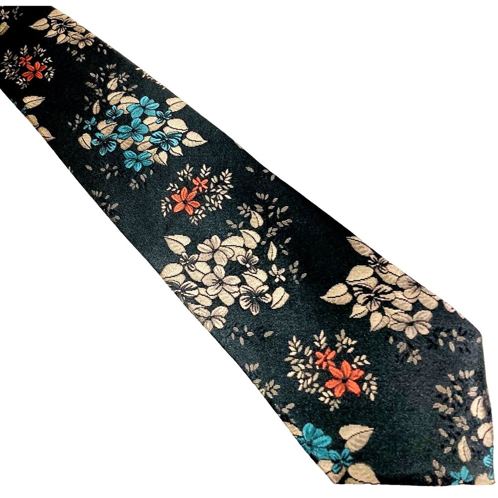 Etienne Aigner Tie Vintage Metallic Shiny Floral Black Silver Y2K Preppy